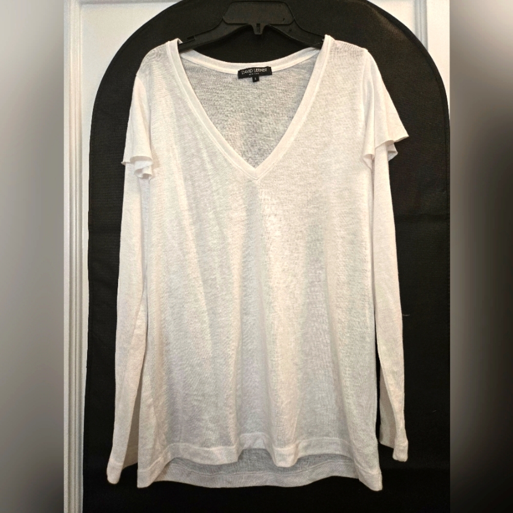 David Lerner White V-Neck Top, Double Layer Look, L, Excellent Condition